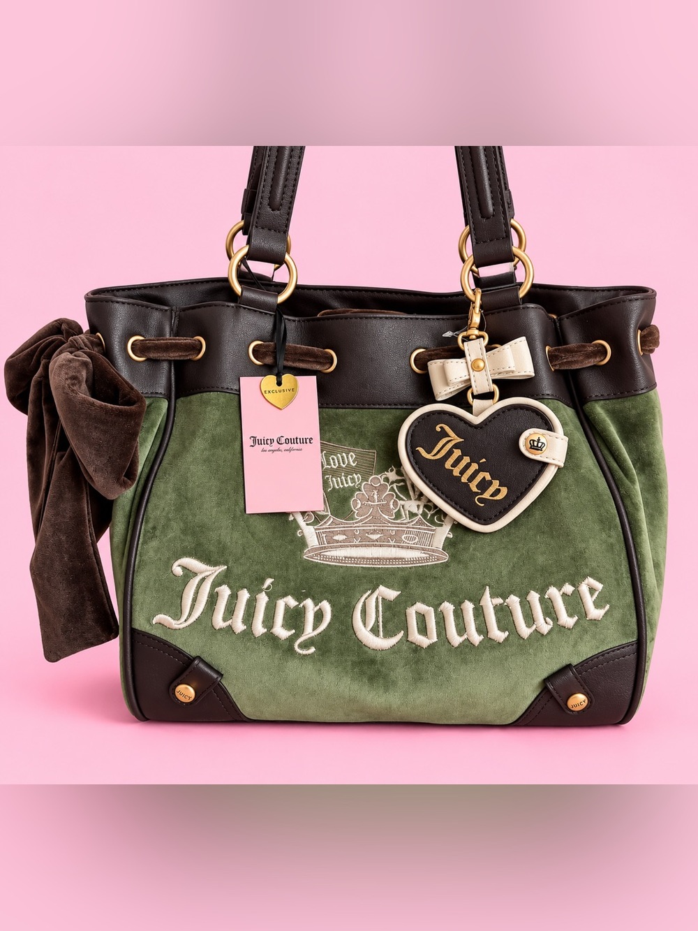 Juicy Couture Green Suede Tote with Brown Trim and Heart Charm